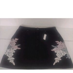 Top Shop Moto Size 12 Black Denin Mini Lace Embellished Skirt Zipper Front